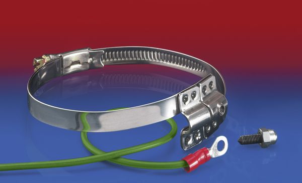 Bridge Clamp with integral grounding (via earth strip) for attaching externally corrugated spiral hoses
